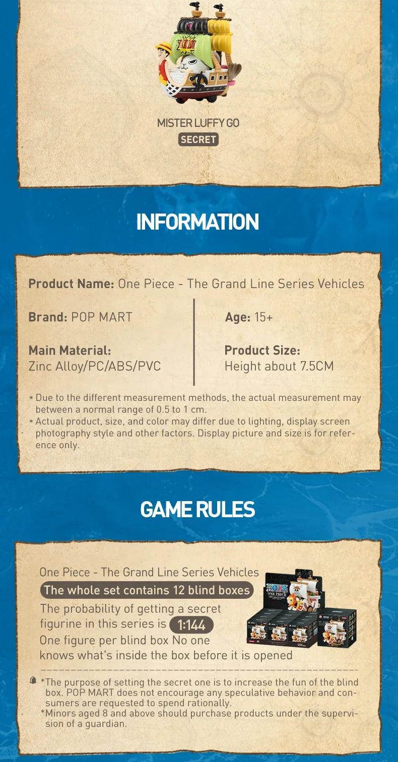 A Pop Mart One Piece Vehicles blind box packaging containing a surprise Grand Line Series ship figure for home decoration.