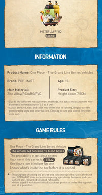 A Pop Mart One Piece Vehicles blind box packaging containing a surprise Grand Line Series ship figure for home decoration.