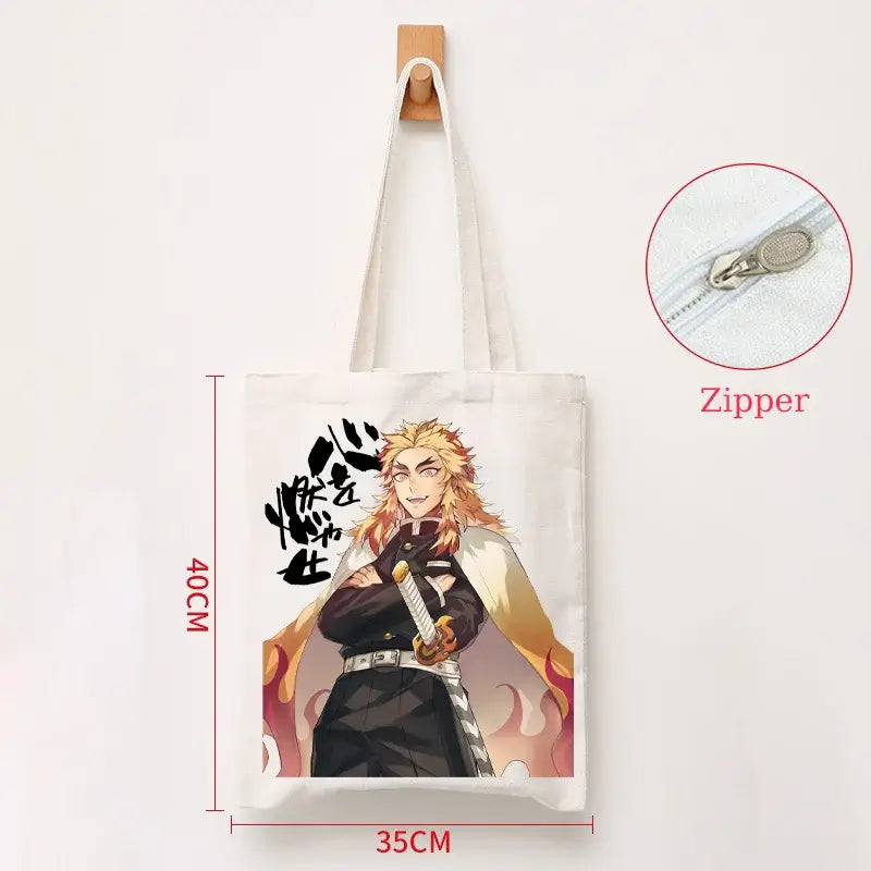 A durable Demon Slayer Canvas Bag featuring Kamado Nezuko and Tanjiro anime graphics, designed as a zipper tote for students and shoppers.