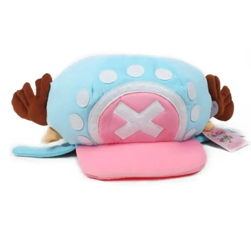 A soft Tony Tony Chopper Hat made of plush cotton featuring 3D antlers, alongside a spotted Trafalgar Law cap for anime cosplay.