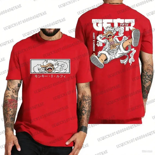 A trendy One Piece Luffy T-Shirt made of breathable cotton, featuring a graphic print of Monkey D. Luffy for summer cosplay fashion.