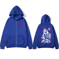 Albedo Overlord Vintage Zip Up Hoodie in blue with graphic design on back and front