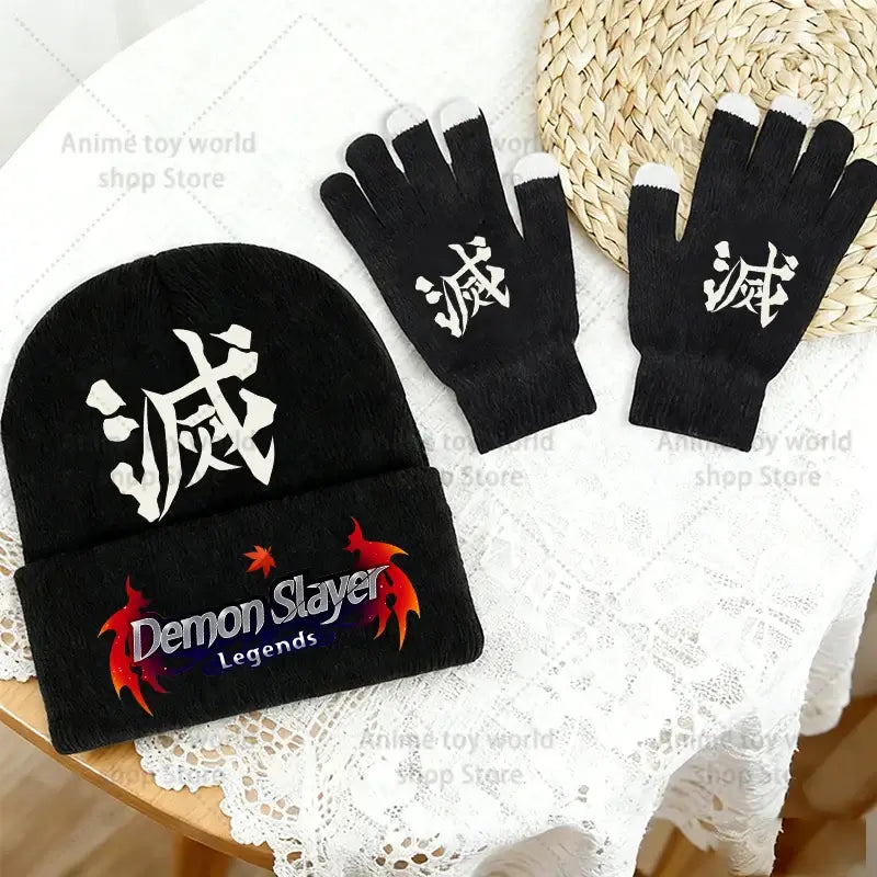 A warm 2pcs Demon Slayer Hat Gloves Set featuring the green Tanjiro Kamado checkered pattern, knitted winter accessories for boys and girls.