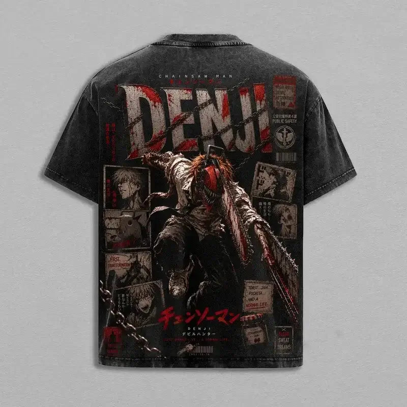 Denji Chainsaw Man Dark Manga Washed T-Shirt featuring a dynamic design with character art and bold lettering.