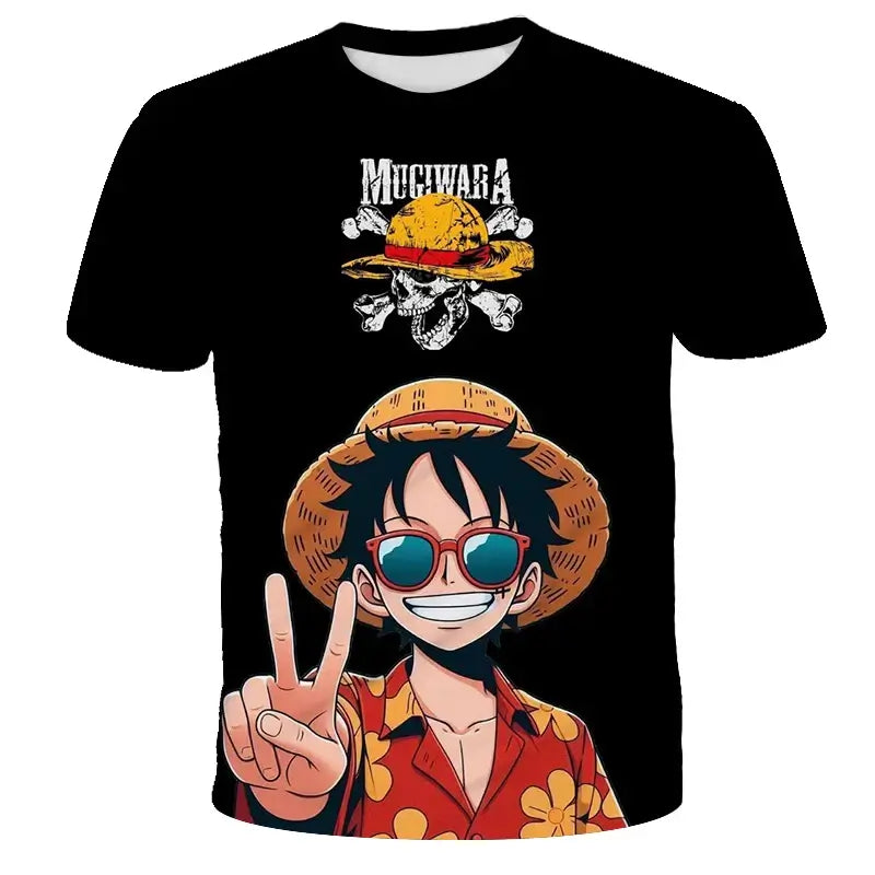 A breathable One Piece Luffy T-shirt featuring a cartoon graphic, designed as a loose-fit casual top for men and boys.