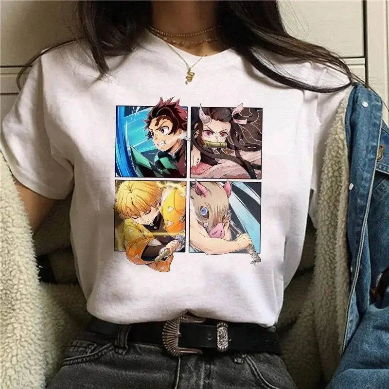 A Demon Slayer T Shirt for Women, a female Kimetsu No Yaiba graphic tee with a Nezuko and Tanjirou Kamado print.