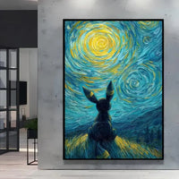 A stunning Van Gogh Pokemon Wall Art piece featuring Pikachu painted in a Starry Night impressionist style for unique home decoration.