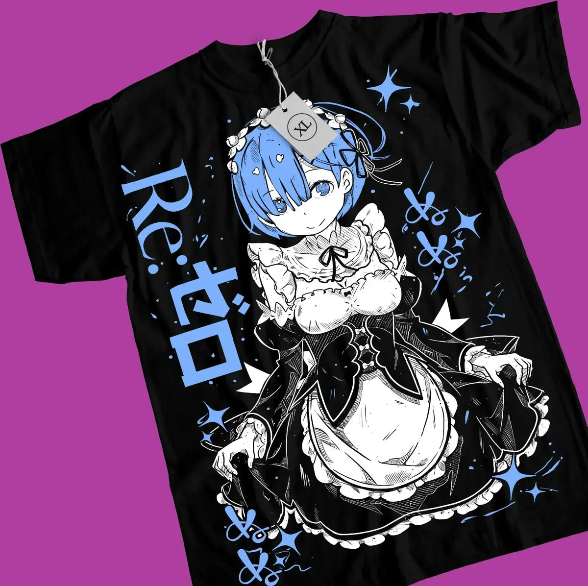 Re:Zero Emilia Ram shirt featuring a black tee with character design and stylish graphics.
