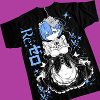 Re:Zero Emilia Ram shirt featuring a black tee with character design and stylish graphics.