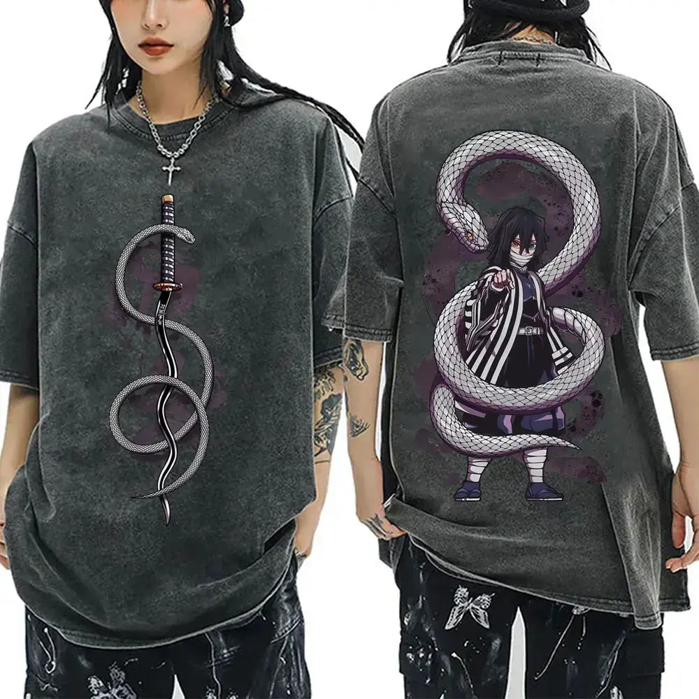 A washed black Demon Slayer Vintage T-Shirt made of 100% cotton, featuring an oversized cartoon anime graphic for men and women.