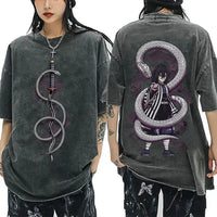 A washed black Demon Slayer Vintage T-Shirt made of 100% cotton, featuring an oversized cartoon anime graphic for men and women.