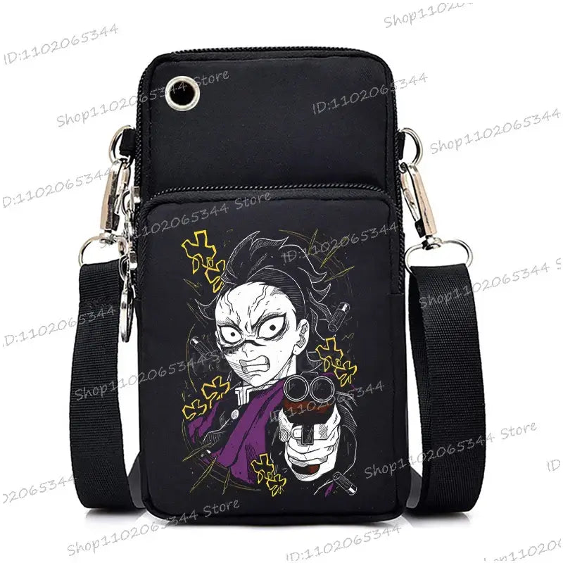 A trendy Demon Slayer Phone Bag featuring anime art of Nezuko Kamado and Mitsuri Kanroji, designed as a Harajuku mini crossbody purse for women and men.