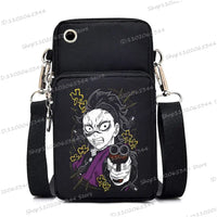 A trendy Demon Slayer Phone Bag featuring anime art of Nezuko Kamado and Mitsuri Kanroji, designed as a Harajuku mini crossbody purse for women and men.