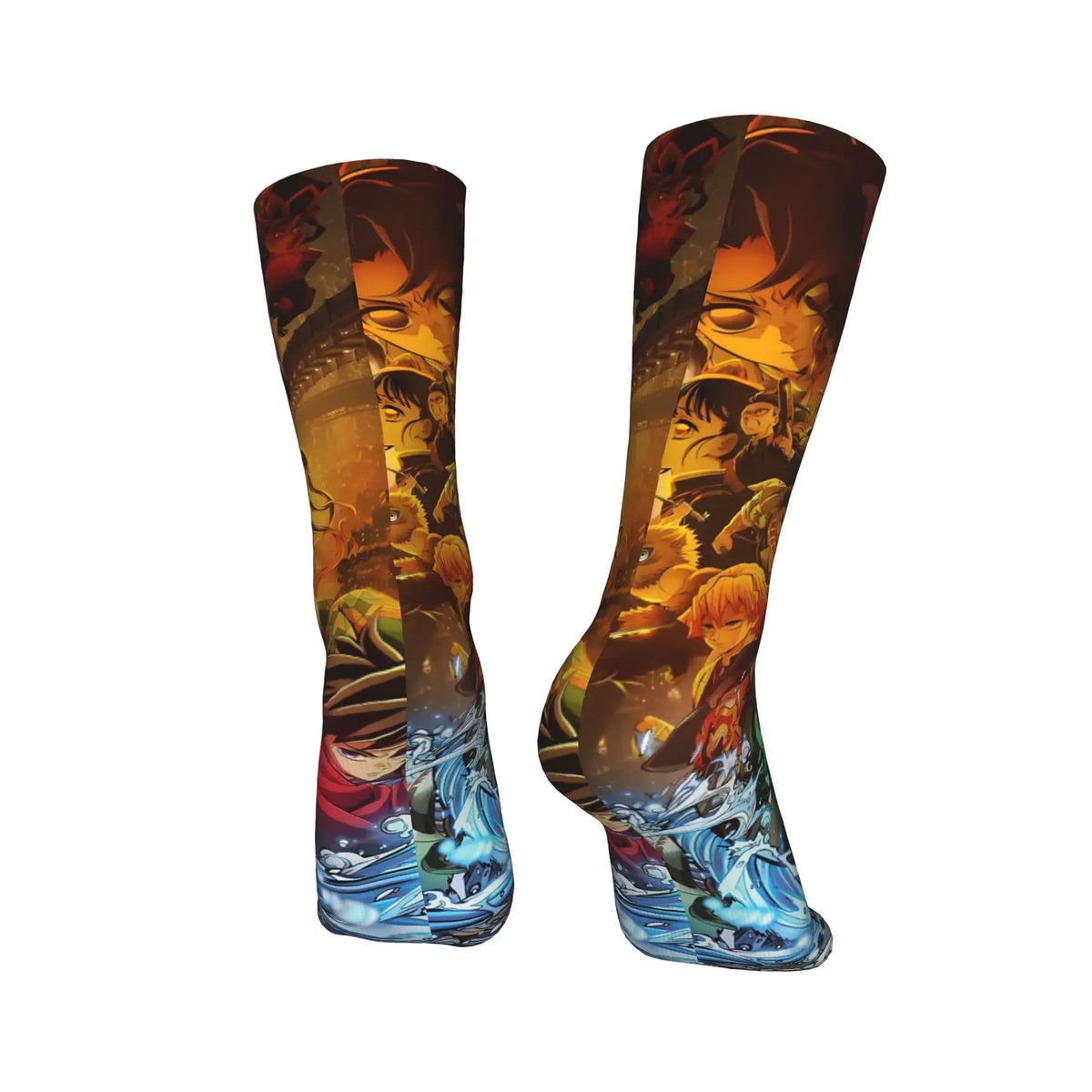 Breathable Demon Slayer Socks featuring Nezuko Kamado and Giyu Tomioka patterns, designed as trendy non-slip skateboard stockings for men and women.