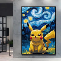 A stunning Van Gogh Pokemon Wall Art piece featuring Pikachu painted in a Starry Night impressionist style for unique home decoration.
