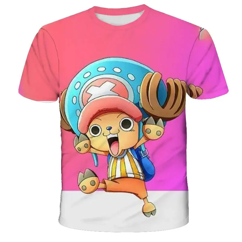 A 3D printed One Piece Luffy T-Shirt featuring a dynamic cartoon cosplay graphic of Monkey D. Luffy for boys' summer fashion.