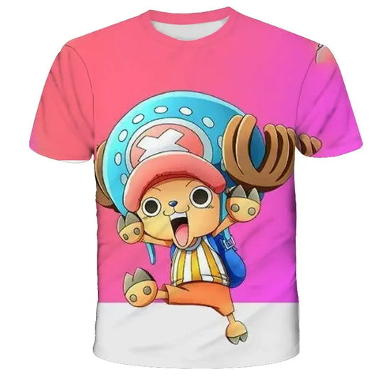 A 3D printed One Piece Luffy T-Shirt featuring a dynamic cartoon cosplay graphic of Monkey D. Luffy for boys' summer fashion.