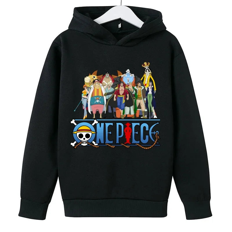 A trendy One Piece Kids Hoodie featuring cartoon graphic prints of Luffy and Zoro, designed as a casual spring and autumn pullover for children.