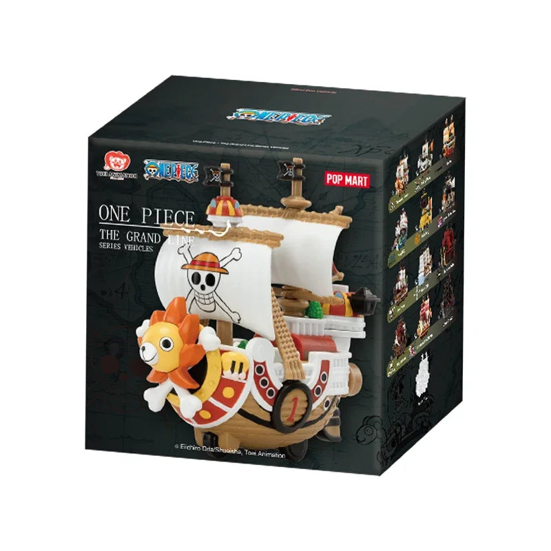 A Pop Mart One Piece Vehicles blind box packaging containing a surprise Grand Line Series ship figure for home decoration.