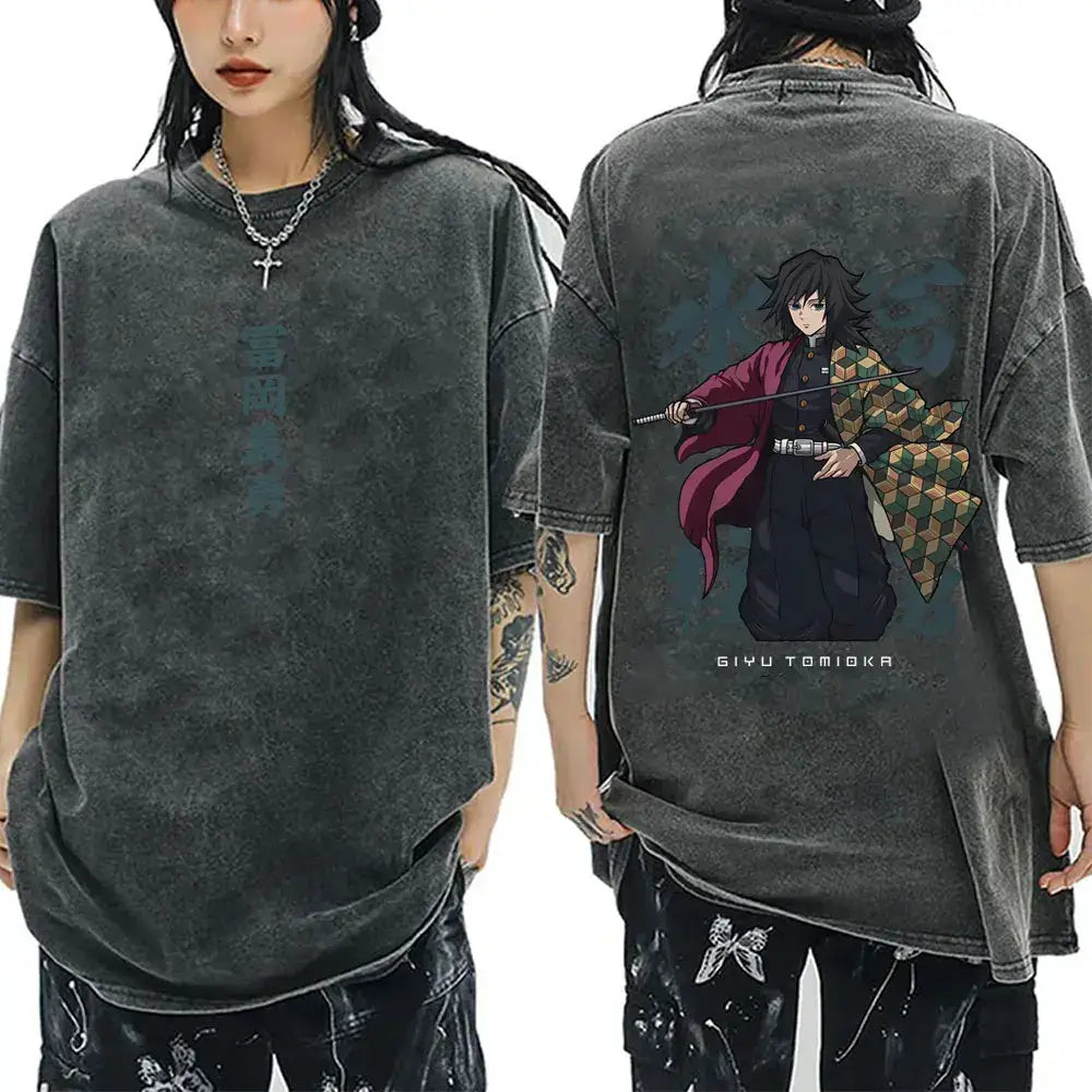 A vintage washed Demon Slayer Serpent Hashira Iguro Obanai T Shirt in a casual, oversized style for men and women.