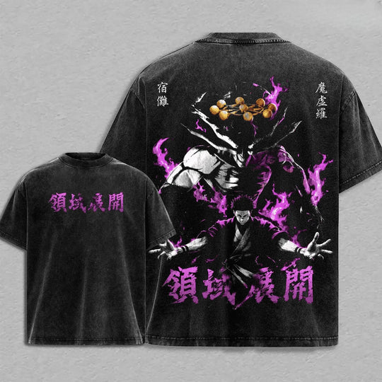 Ryomen Sukuna Jujutsu Kaisen Washed T-Shirt featuring a vibrant graphic design and vintage wash in black