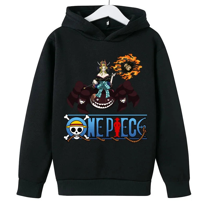 A trendy One Piece Kids Hoodie featuring cartoon graphic prints of Luffy and Zoro, designed as a casual spring and autumn pullover for children.