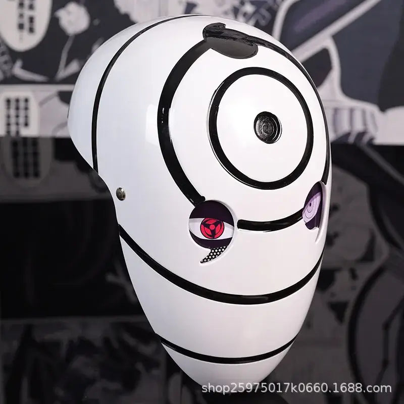 A highly imitative, high-gloss Obito Cosplay Mask featuring the Akatsuki Sharingan design for anime Halloween costumes and conventions.