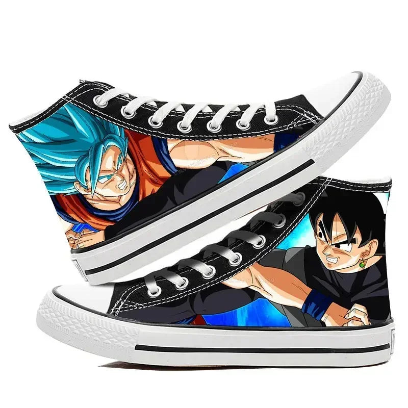 A pair of hot Dragon Ball Goku Canvas Shoes, anime fashion sneakers with a graffiti design for men, women, teenagers, and students.