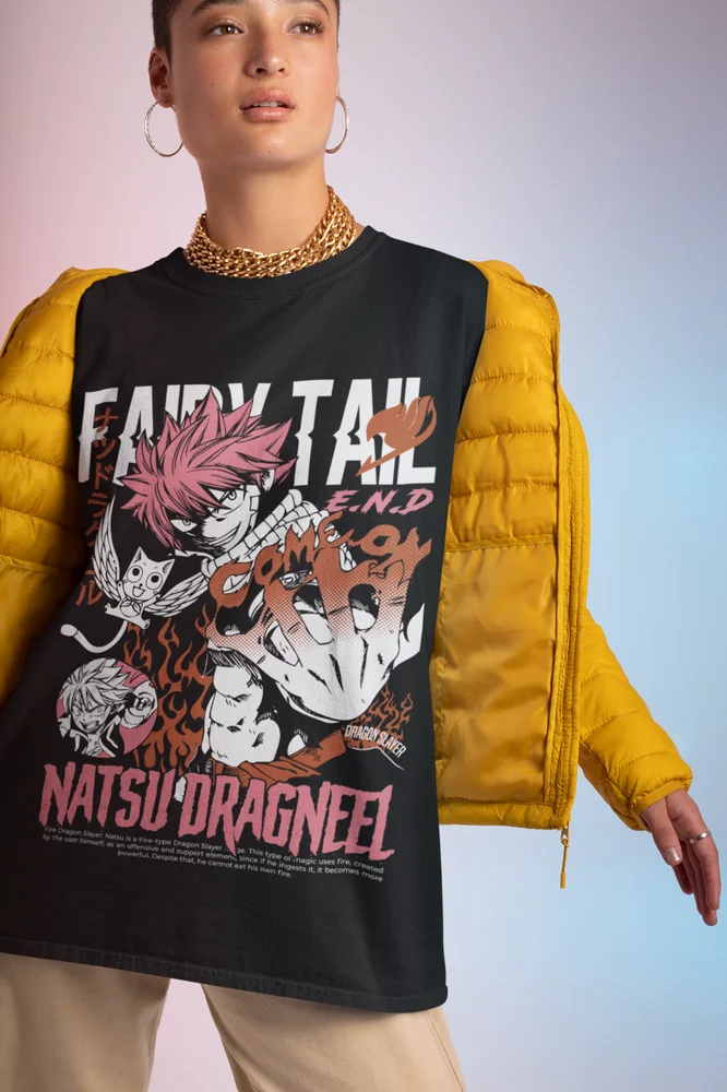 A premium Fairy Tail T-shirt featuring a dynamic graphic of Natsu Dragneel and Gray Fullbuster, designed as a girl anime gift for all sizes.