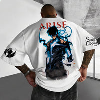 A high-quality Solo Leveling Authorized T-Shirt made of cotton, featuring a retro Y2K anime graphic of Sung Jinwoo, perfect for gamers and street style.