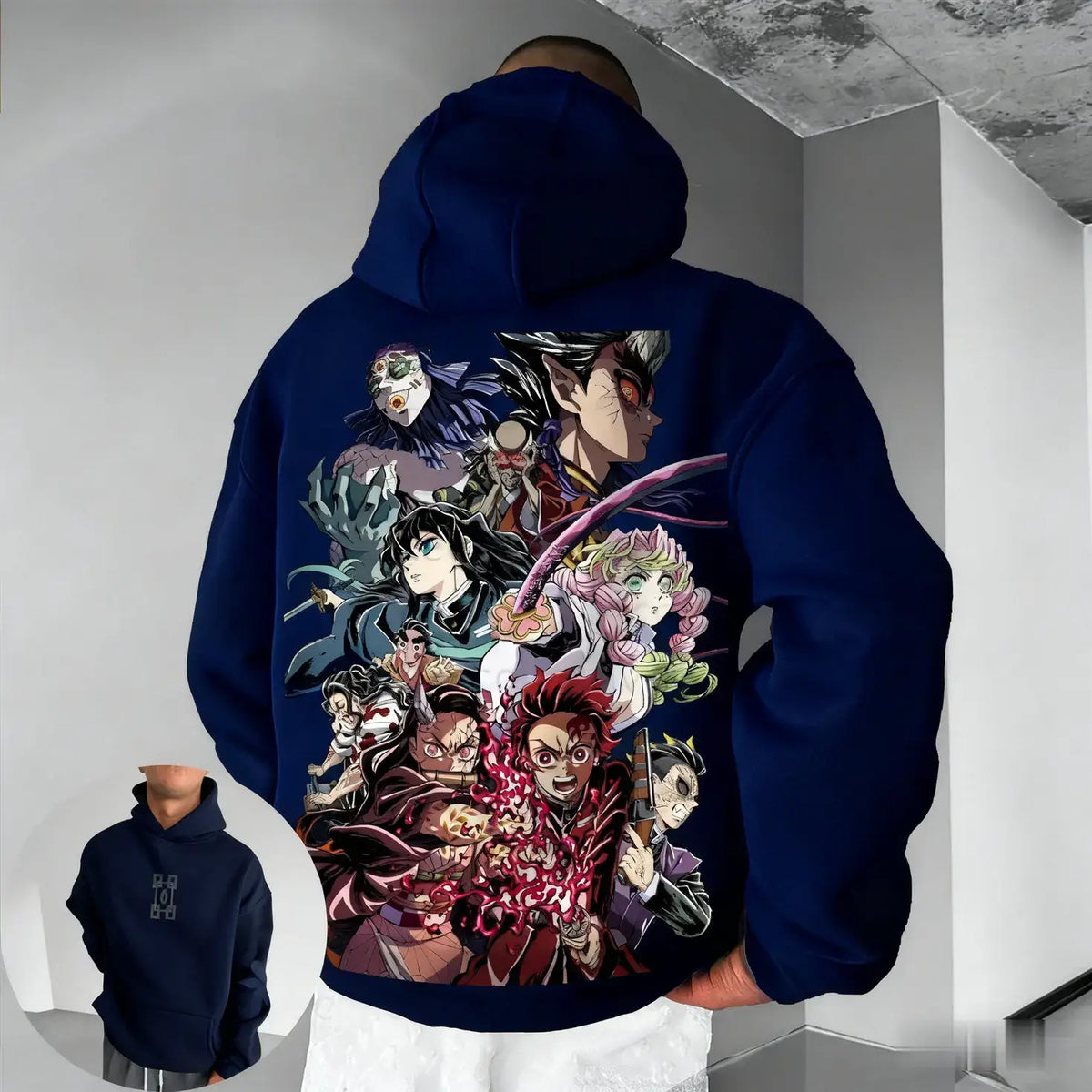 A cozy Muichiro Tokito Hoodie made of fleece, featuring a loose fit Mist Hashira design for men, women, and children.
