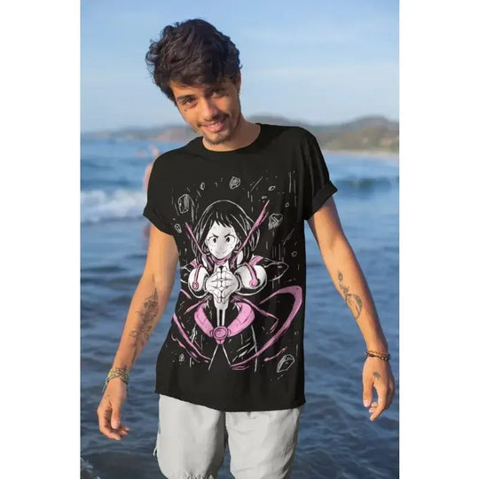 A trendy unisex Ochaco Uraraka T-Shirt featuring cute Uravity anime graphic art, designed as soft cotton 2025 four seasons cosplay fashion.
