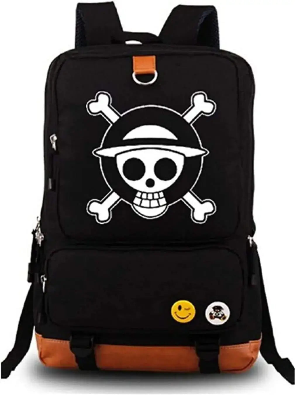 A large, unisex One Piece Luffy Printed Unisex Backpack suitable for school and travel, with compartments for a laptop and iPad.