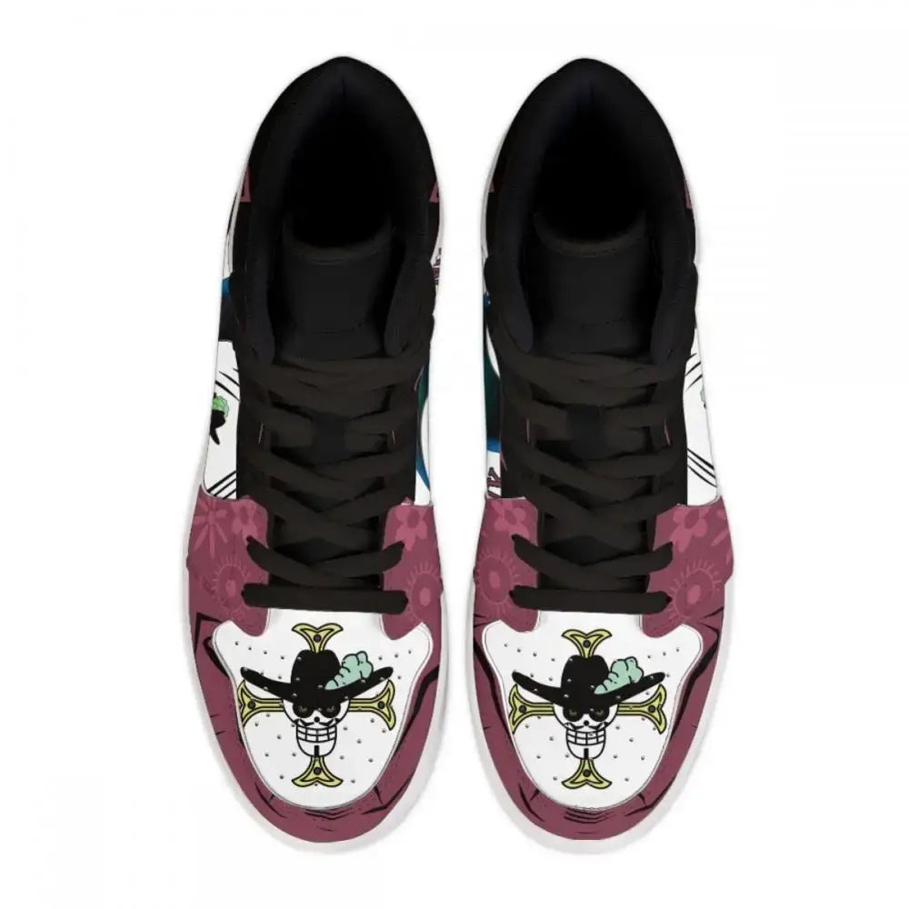 A pair of custom One Piece Basketball Shoes featuring anime designs of Luffy and Zoro, suitable as unisex sneakers.