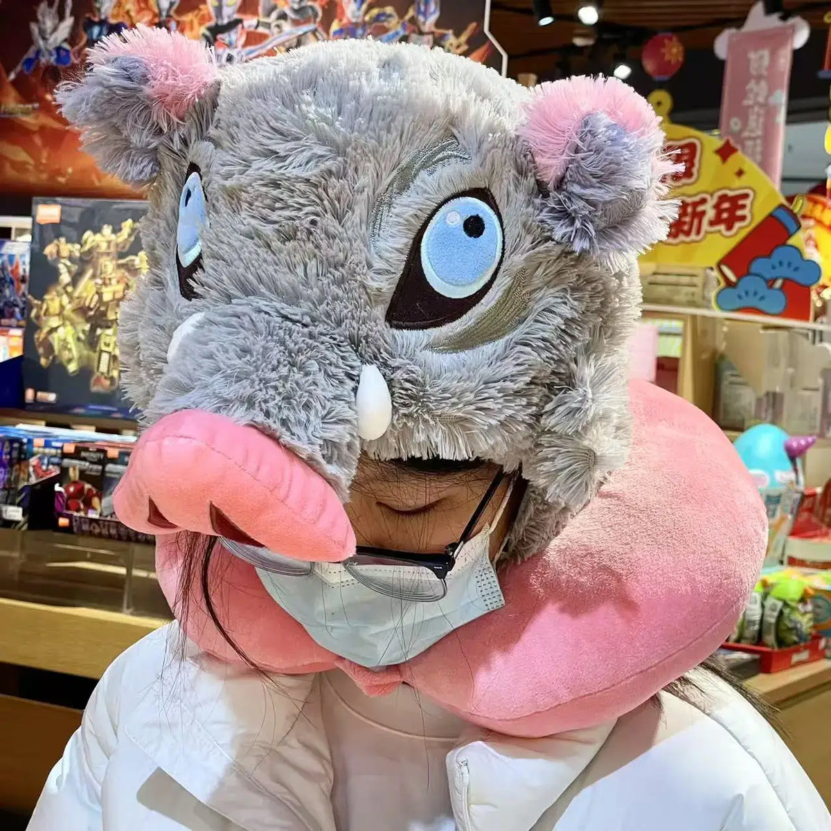 Inosuke Boar Head Plush Cosplay Neck Pillow U-shaped hooded travel blackout cloak anime prop