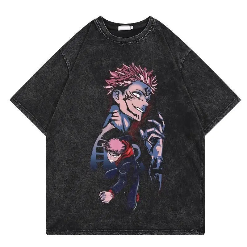 Jujutsu Kaisen Vintage Washed Cotton T-Shirt featuring iconic characters in a loose, short-sleeve design.