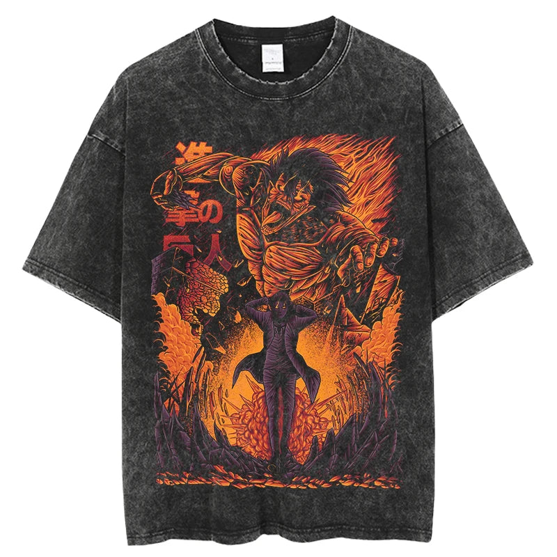 A vintage-washed Eren Jaeger T-Shirt featuring a gritty Attack on Titan manga graphic, styled as oversized Harajuku streetwear for men and women.