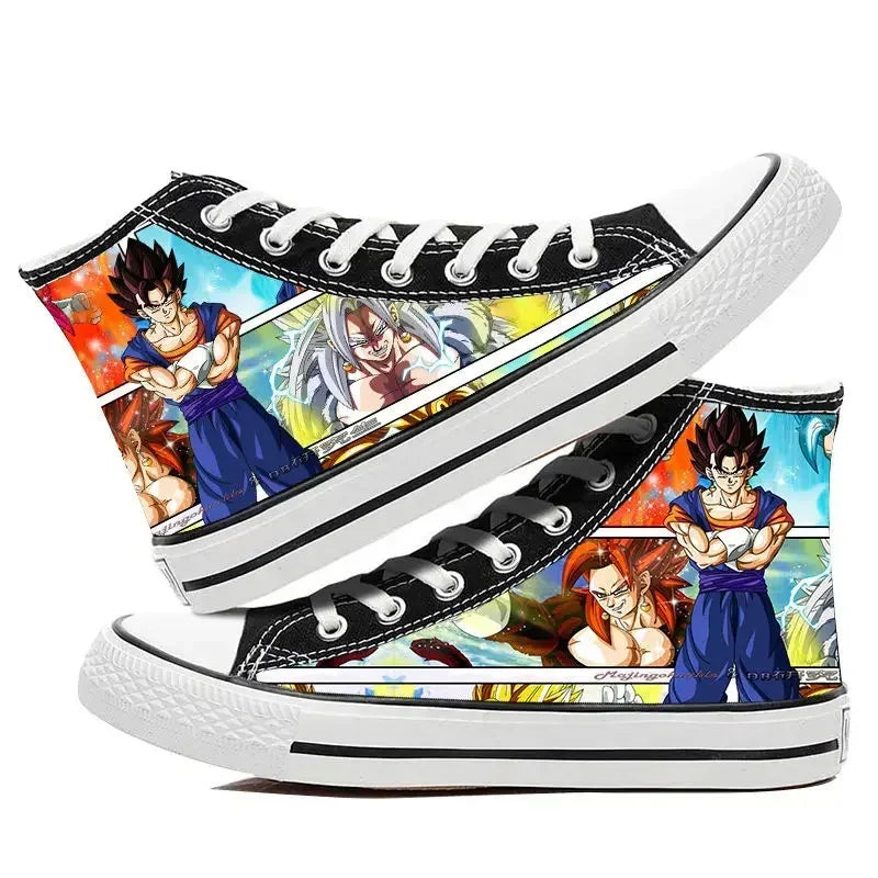 A pair of hot Dragon Ball Goku Canvas Shoes, anime fashion sneakers with a graffiti design for men, women, teenagers, and students.