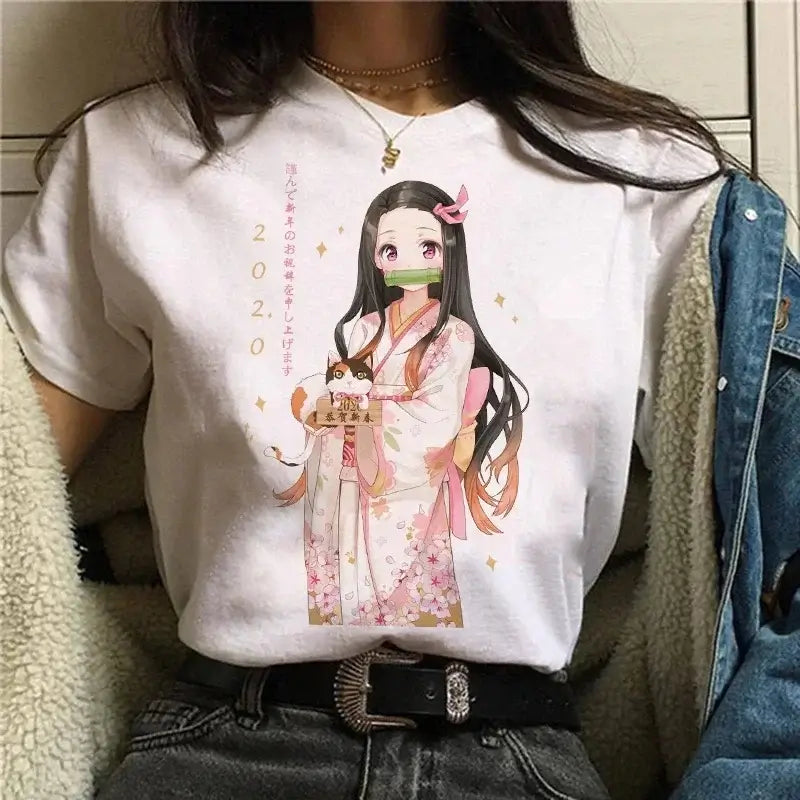 A Demon Slayer T Shirt for Women, a female Kimetsu No Yaiba graphic tee with a Nezuko and Tanjirou Kamado print.