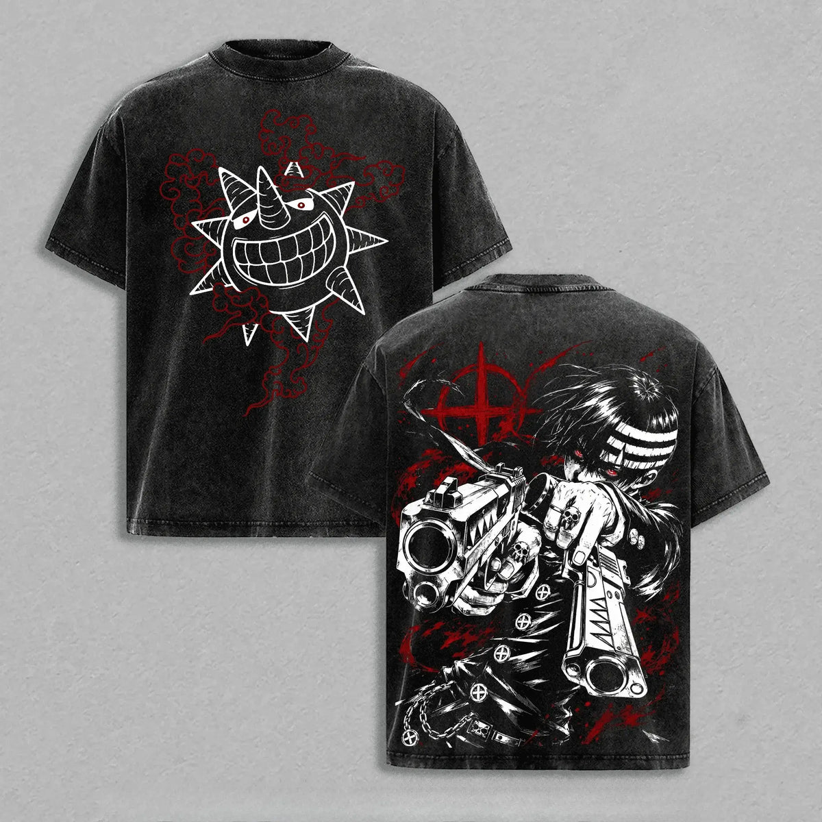 Death the Kid Soul Eater Vintage Washed T-Shirt featuring graphic designs on front and back in oversized cotton style.