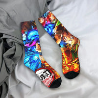 Breathable Demon Slayer Socks featuring Nezuko Kamado and Giyu Tomioka patterns, designed as trendy non-slip skateboard stockings for men and women.