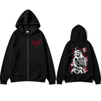 Albedo Overlord Vintage Zip Up Hoodie featuring a black fleece design with unique graphic prints on front and back.