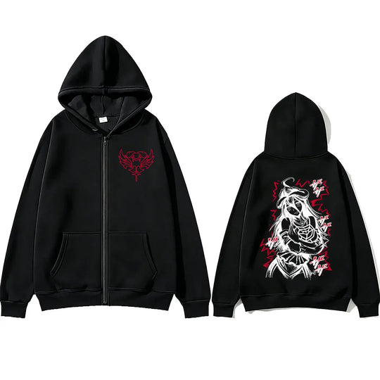 Albedo Overlord Vintage Zip Up Hoodie featuring a black fleece design with unique graphic prints on front and back.
