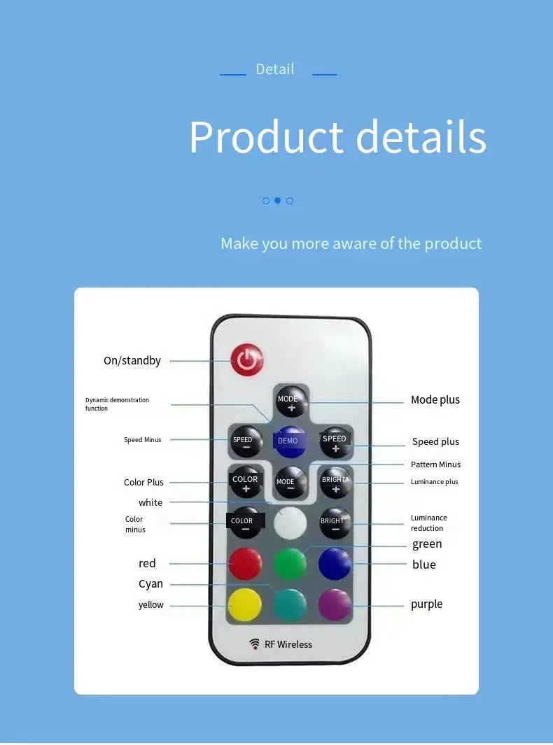 Product details of the Naruto Uchiha Sasuke 3D Anime LED Light Box remote control and its functions.