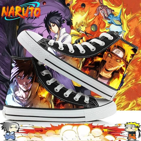 Trendy high-top Naruto Canvas Shoes featuring cool graffiti personality prints of Sasuke Uchiha, Itachi, and Kakashi for men and women.