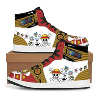 A pair of custom One Piece Basketball Shoes featuring anime designs of Luffy and Zoro, suitable as unisex sneakers.