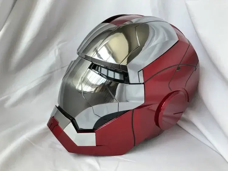 A wearable AutoKing Iron Man Helmet (Mk5) featuring voice-controlled opening face plates and glowing LED eyes for adult cosplay and display.