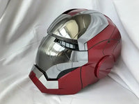 A wearable AutoKing Iron Man Helmet (Mk5) featuring voice-controlled opening face plates and glowing LED eyes for adult cosplay and display.