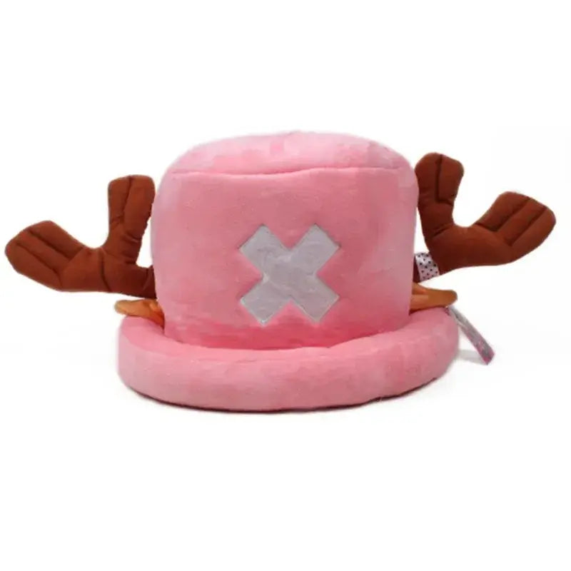 A soft Tony Tony Chopper Hat made of plush cotton featuring 3D antlers, alongside a spotted Trafalgar Law cap for anime cosplay.