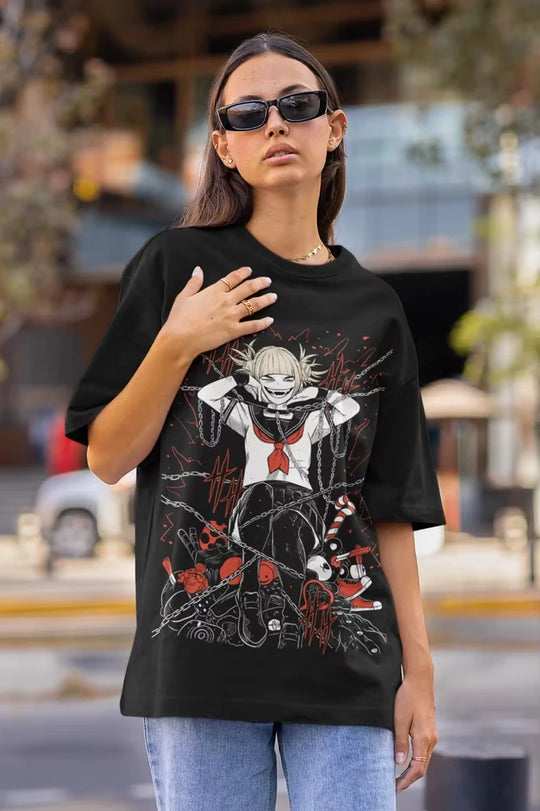 A funny Himiko Toga T-Shirt featuring a kawaii graphic of the villain expressing love for Izuku Midoriya, designed as a girl's anime gift.